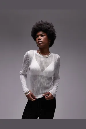 Topshop Knitted sheer long sleeve top in ivory