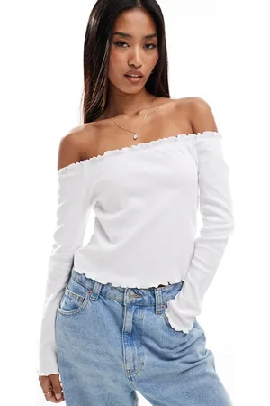 Pieces® Off the shoulder long sleeved top with lettuce edge detailing in