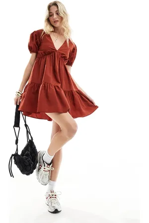 Threadbare Poplin v neck skater dress in rust