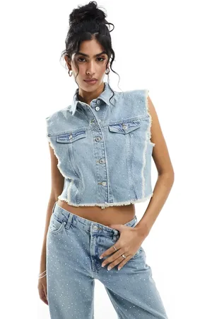 ONLY Cobain frayed rhinestone detail denim waistcoat co-ord in light