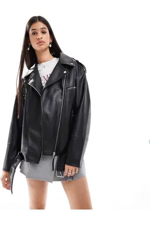 Bershka Oversized faux leather biker jacket in