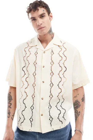 ASOS Short sleeve boxy oversized revere collar shirt with placement broderie in sand