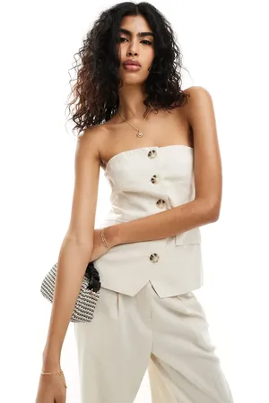 Miss Selfridge Linen button through bandeau top co ord in natural
