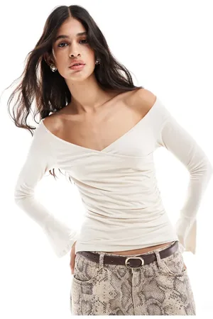 VILA Ruched side long sleeve top with fluted cuff in cream