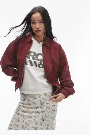 Topshop Oversized cotton collar bomber jacket in burgundy