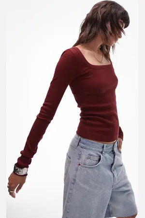 Topshop Square neck long sleeve top in burgundy