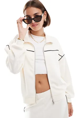 ONLY Zip through funnel neck sweat co-ord with contrast piping in cream