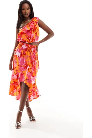 Ax Paris Ruffle trim midi skirt co-ord in orange and pink floral