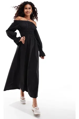 Glamorous Off shoulder shirred waist maxi dress in
