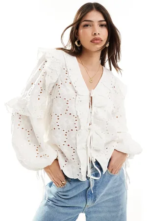 VILA V neck broderie tie front blouse in