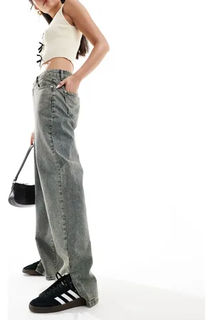 Sixth June Low rise dirty wash wide leg jeans with split hem in