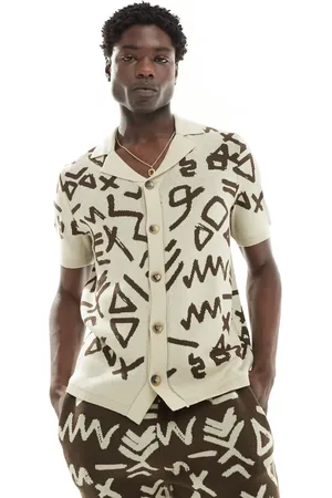 ASOS Co-ord knitted button through polo in stone with brown all over pattern