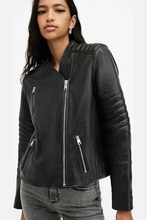 AllSaints Crawley collarless leather biker jacket in