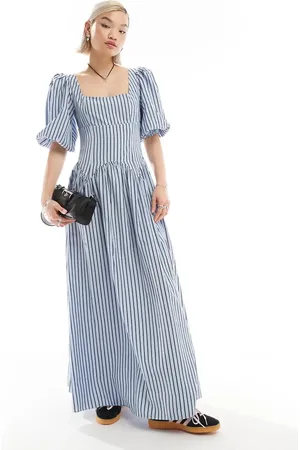 Glamorous Volume sleeve square neck drop waist maxi dress in stripe