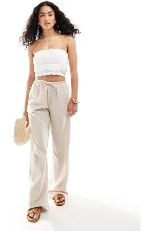 Bershka Tie waist wide leg linen trousers in sand