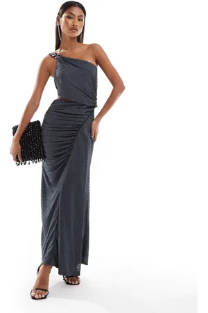 ASOS Textured one shoulder midi dress with silver chain in charcoal