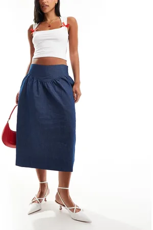 Motel Seraya waistband detail denim effect midi skirt in indigo