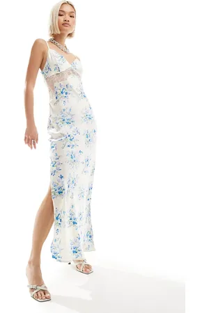 Emory Park Satin floral print maxi dress in blue cream floral