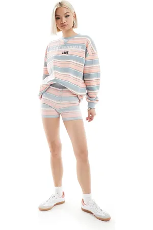 Daisy Street Boxer style button front shorts co-ord in pink blue stripe