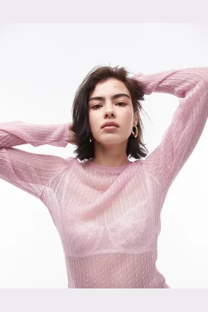 Topshop Knitted sheer long sleeve top in pink