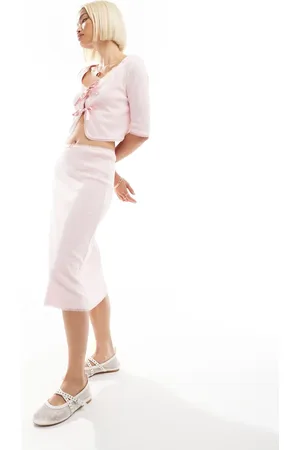 Labelrail X Olivia Grace Herring bow detail pointelle midi skirt co-ord in