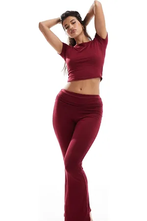 Missyempire Exclusive folded waist flared trousers co-ord in burgundy