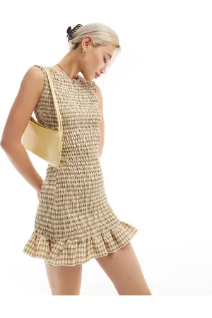 Daisy Street Shirred mini frill hem dress in tan gingham