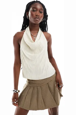 COLLUSION Backless halter top in cream plisse