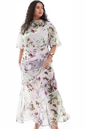 ASOS ASOS DESIGN Curve high neck 3/4 sleeve split midi dress in lilac floral print