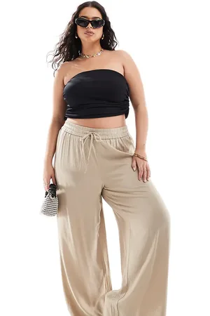 VILA Weighted plisse satin feel wide leg trousers in beige