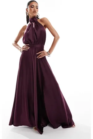 True Violet Satin halter neck maxi dress in midnight plum