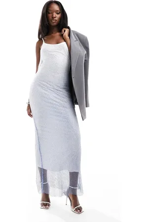 Rare Fashion London Premium strappy ombre diamante midi dress in white and blue