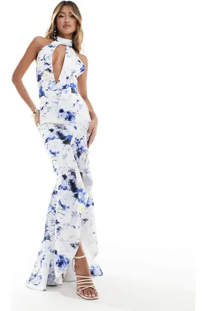 True Violet Plunge halter high low dress in floral