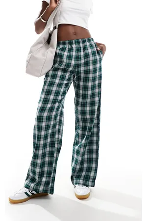 Bershka Tie waist wide leg trousers in check