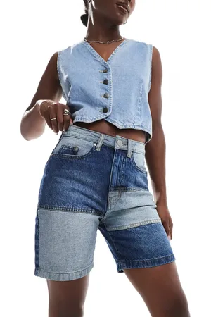 Threadbare Patch work denim shorts in indigo wash