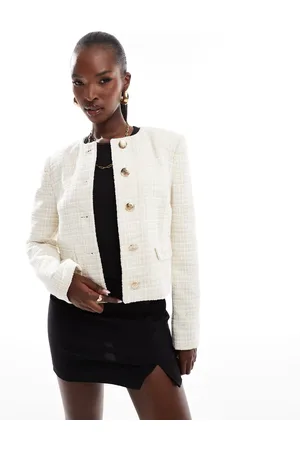 River Island Crop boucle trophy jacket in cream