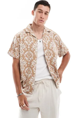 JACK & JONES Premium revere collar jacquard shirt in tan