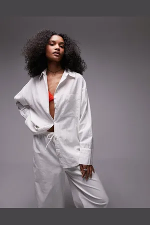 Topshop Co-ord linen blend beach shirt in white