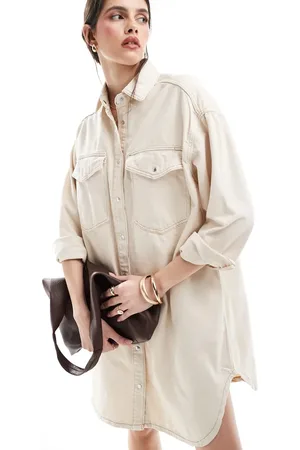 ONLY Oversized denim mini shirt dress in ecru