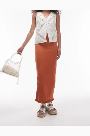 Topshop Tassel hem midi skirt in rust