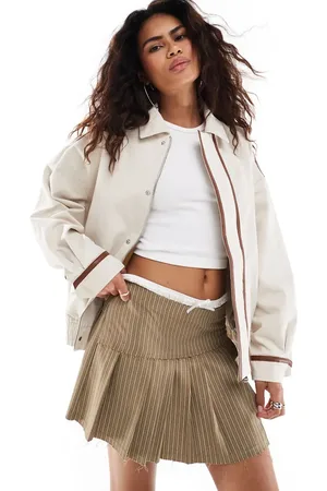 Lioness Collar detail bomber jacket with leather look trim in beige