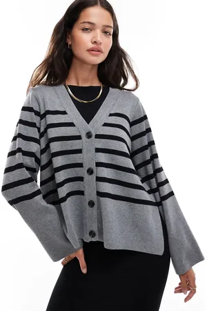 Object Button through knitted cardigan in grey with black stripe