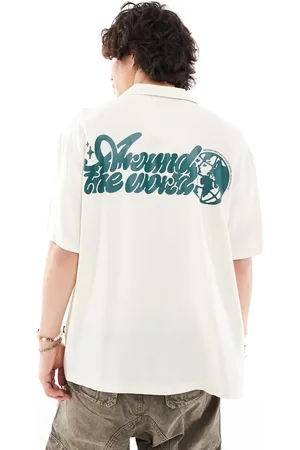 Dr Denim Madi short sleeve relaxed fit summer shirt with world back graphic print in ecru exclusive to ASOS