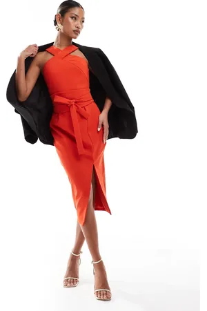 Lavish Alice Obi belted halterneck midi dress in