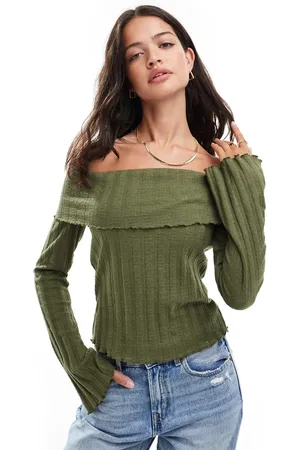 Pieces® Off the shoulder ribbed long sleeve top with lettuce edge detail in khaki