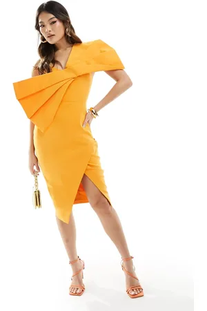 Lavish Alice Bow detail midi dress in sweet mandarin