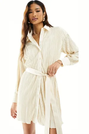 In The Style Belted plisse shirt dress in cream