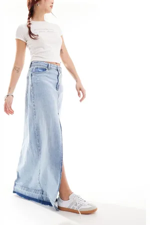 ONLY Denim maxi skirt with frayed hem in