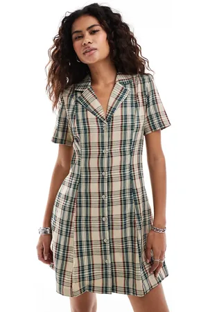 Something New Button through mini shirt dress in and beige check