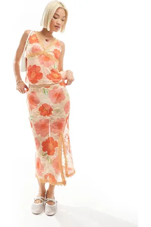 Labelrail X Olivia Grace Herring floral lace edged mesh midi skirt co-ord in